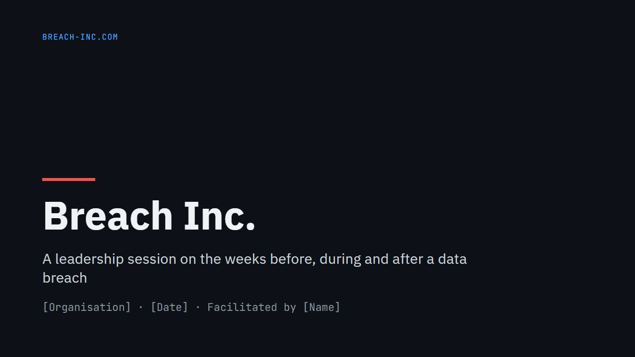 Session deck cover: Breach Inc., a leadership session on the weeks before, during and after a data breach.
